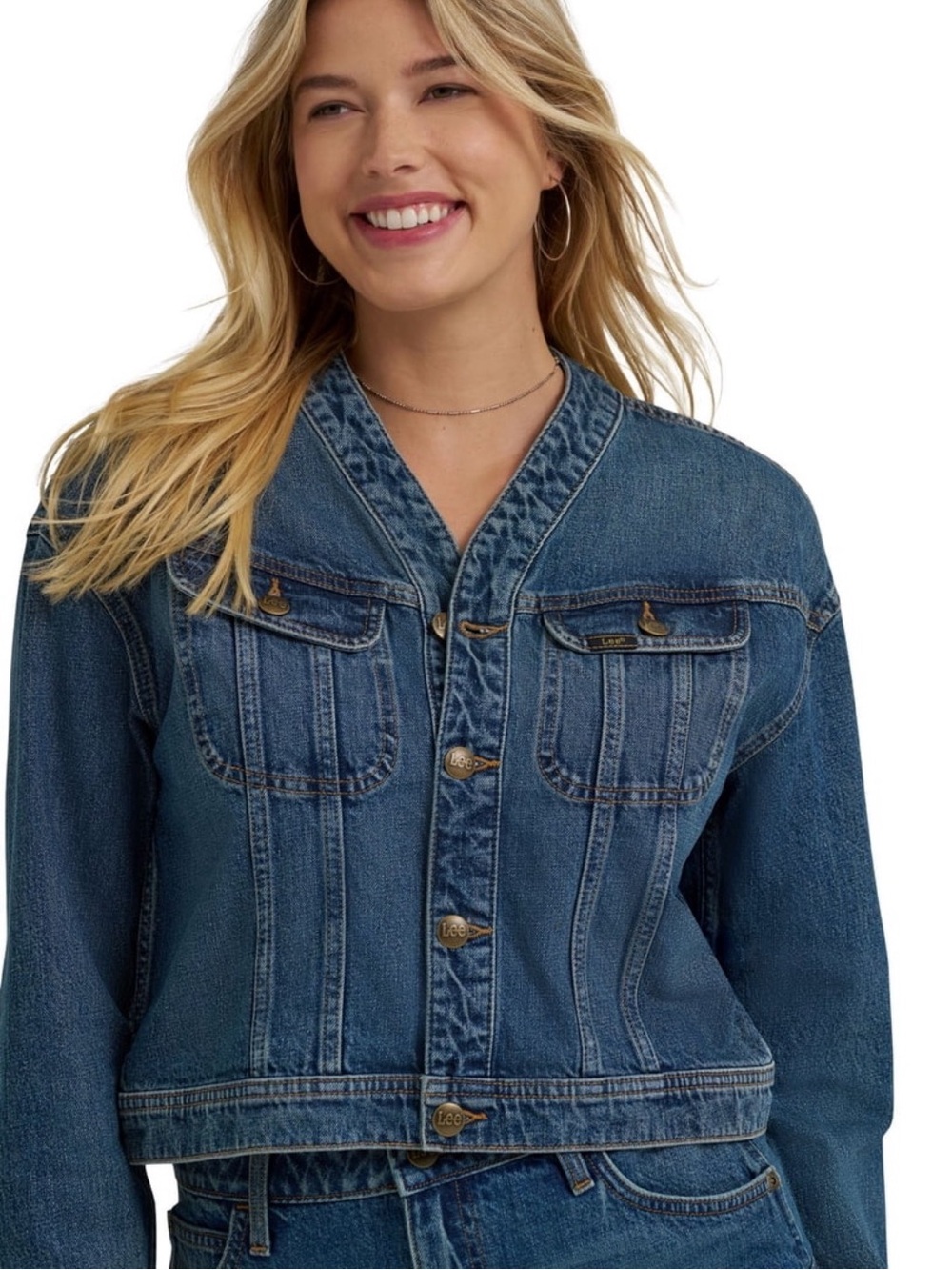 Lee Denim Blue Women's Jean Jacket collarless v-neck Strong Tide